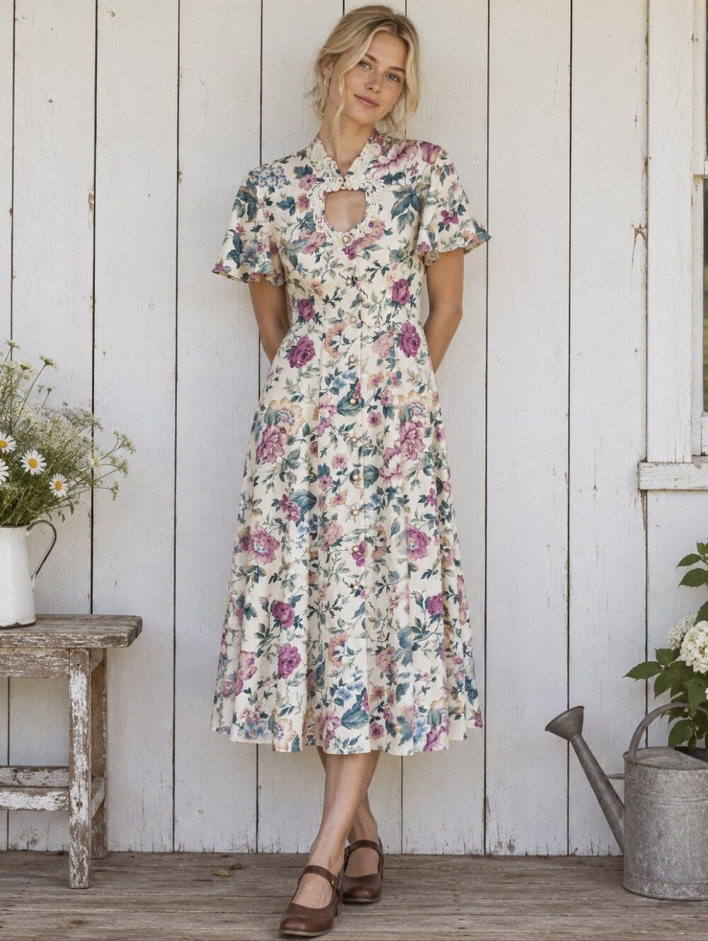 Vintage 90's Emblem Petites Floral Midi Dress Size S/M Lace Collar Keyhole Neck
